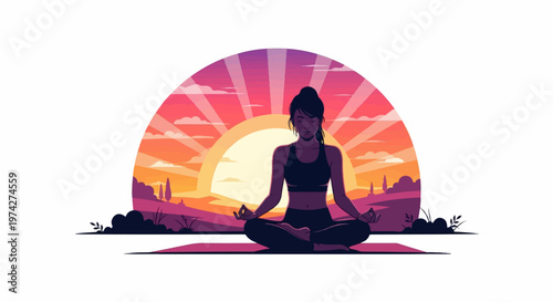 Woman meditating outdoors at sunrise in a pixel art style