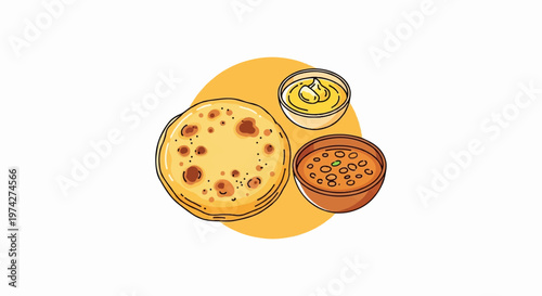 Stylized flatbread with two bowls of savory curry and creamy butter on a yellow circle