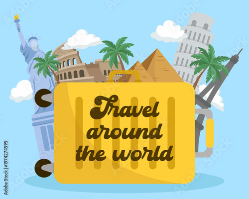 Yellow suitcase with world landmarks Travel agency concept famous monuments Flat design