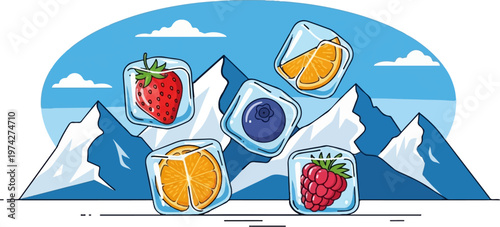 Fruit frozen in ice cubes tumbles down snowy mountains under a blue sky
