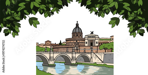 A cartoonish depiction of a river, a bridge, and historical buildings