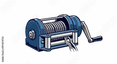 A blue mechanical winch with a rope wound around its drum and a crank handle