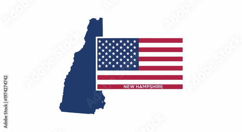 Silhouette of New Hampshire overlaid with the American flag, text reads New Hampshire