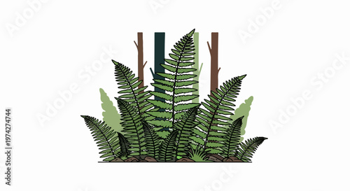 Lush green ferns flourish in a stylized forest with tall, thin trees