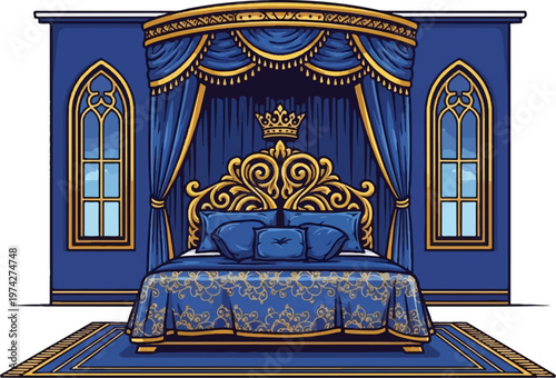 Ornate royal bedroom with a grand canopy bed draped in luxurious blue and gold fabrics, featuring a regal crown