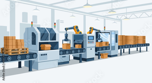 Automated factory assembly line with robotic arms packing boxes on conveyor belts