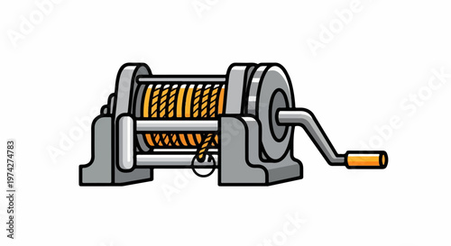 A grey metal winch with yellow rope tightly wound around its spool, featuring a crank