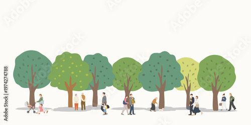 公園で過ごす人々のイラスト背景 多世代の日常シーン