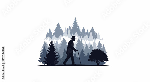 A solitary elderly figure, silhouetted against a backdrop of layered evergreen trees, walks with a cane