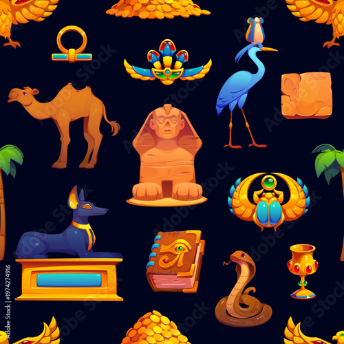 Ancient Egypt symbols seamless pattern with cartoon sphinx, scarab, camel, hieroglyphs, gold treasures, Anubis statue, snake, book of spells, palm trees, and Egyptian birds on dark vector background