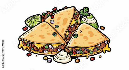 Delicious cartoon-style quesadillas with cheese, meat, and vegetables