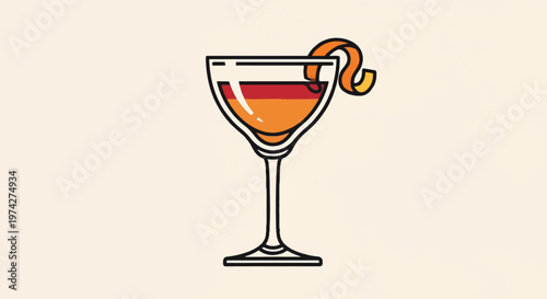 A stylized illustration depicts an orange and red layered cocktail in a coupe glass with a twisted citrus peel garnish