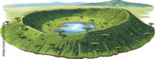 A vast green crater basin holds a blue lake, dotted with acacia trees and distant hazy hills under a light sky