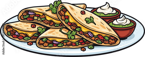 Delicious-looking burritos filled with meat, cheese, vegetables, served with guacamole and sour cream