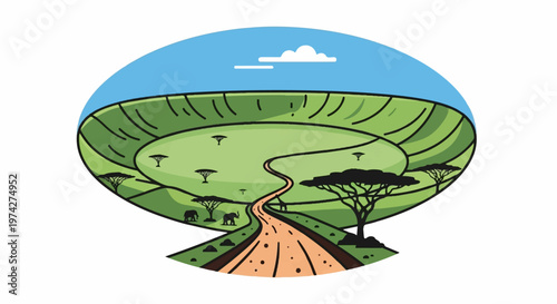 A savanna landscape with a dirt road, acacia trees, and elephants under a blue sky