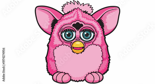 A cartoon of a pink fluffy creature with large blue eyes and a yellow beak
