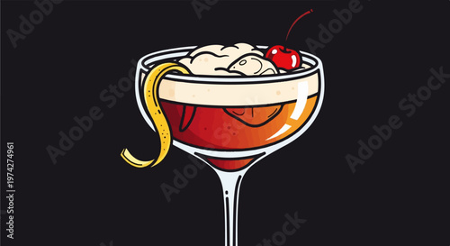 A stylized illustration of a classic cocktail with a cherry and lemon twist