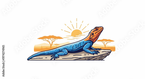 A vibrantly colored lizard basks on a rock under an African sun, acacia trees in distance