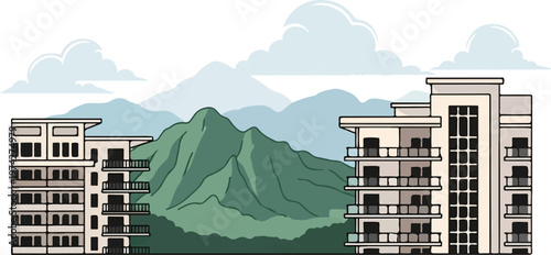 Buildings with balconies stand before green mountains under a cloudy sky