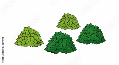 Four cartoonish, triangular bushes in varying shades of green