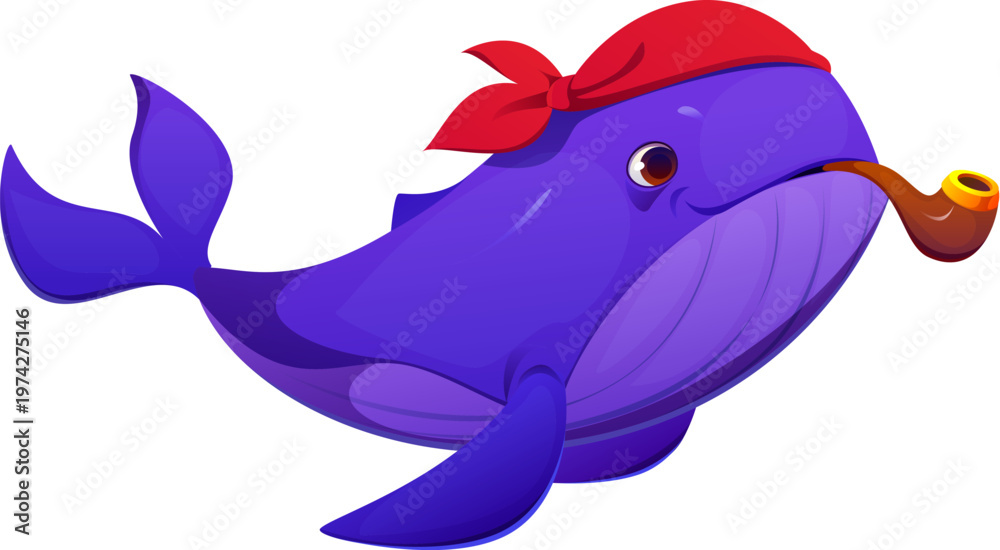 Obraz premium Cartoon whale pirate animal character with smoking pipe. Vector underwater blue sperm corsair and rover personage wearing red sailor bandana, navigates the sea seeking treasures and aquatic adventures