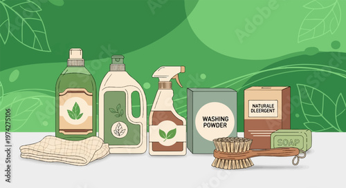Eco-friendly cleaning products, including bottles, powder, soap, brush, and cloth