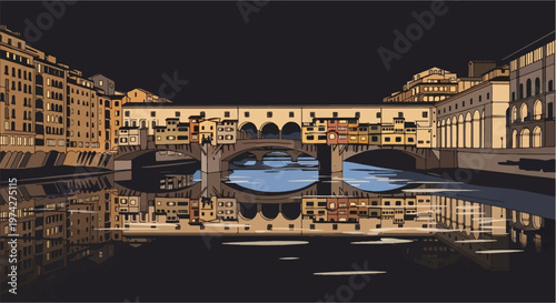 Evening view of a historic bridge with shops and buildings reflected in the water below