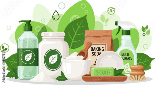 Natural cleaning supplies soap, baking soda, spray, and brushes