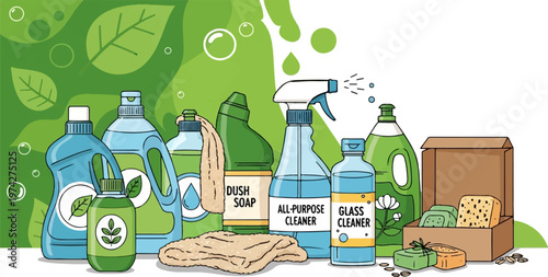 Assortment of eco-friendly cleaning products and accessories, including bottles, sprays, soaps, and sponges