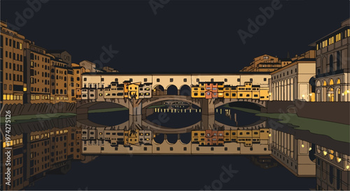 Evening view of a historic stone bridge with buildings and reflections in the dark water
