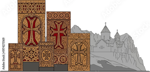 Intricate stone carvings of crosses stand before a cliffside monastery complex