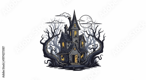 Spooky haunted house with bare trees, moon, and clouds, lit from within