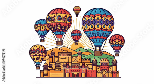 Colorful hot air balloons ascend over a historic city at sunrise