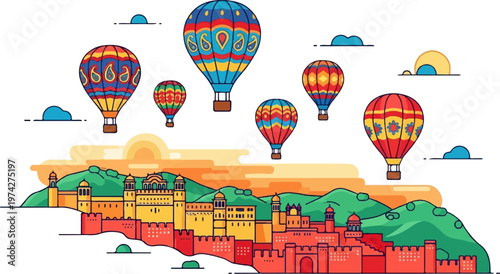 Colorful hot air balloons float over a vibrant, ancient fortress at sunset