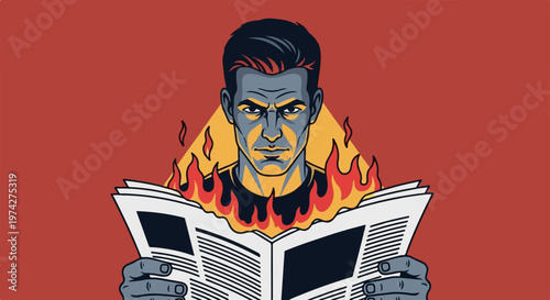 Intense man with stern expression reads a newspaper engulfed in flames, set against a red background