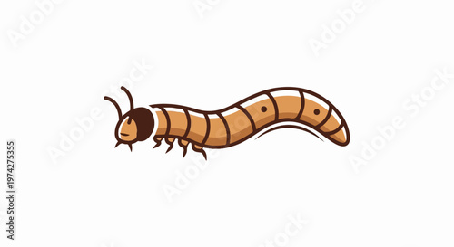 A cartoon caterpillar with brown and tan segments and small legs on a white background