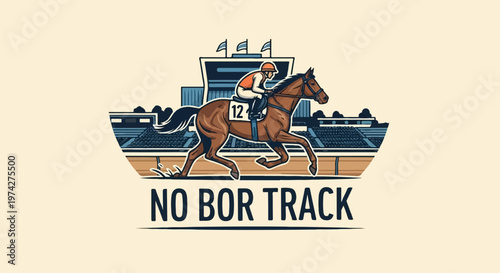 A jockey rides a brown horse across a racetrack with grandstands and flags in the background