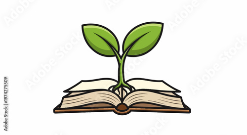 A vibrant green sprout emerges from the pages of an open book, symbolizing growth and knowledge