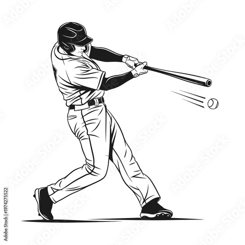 Baseball player swinging bat at ball, action shot, sports illustration