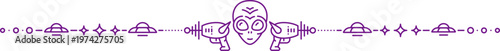 Outer space alien invader and astronomy line divider or border frame. Cosmos exploration spacer or separator vector line. Galaxy outer space divider with alien face, laser pistol and flying saucers