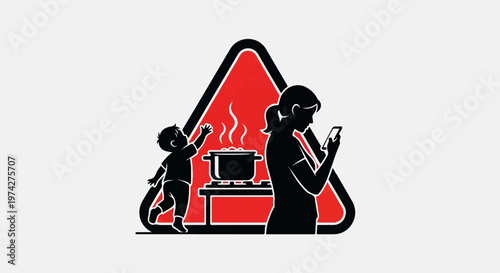 Child reaches for cooking pot near distracted parent