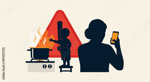 Child reaching towards a hot stove while adult is distracted by a phone