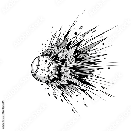 Exploding Baseball in Motion, Sports Action, Dynamic Burst, Fast Speed, Impact