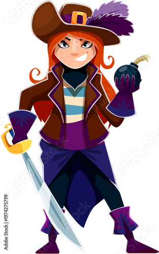 Cartoon Caribbean woman pirate vector character. Female corsair holds cutlass saber and black round cannonball bomb in hands. Vector girl with red hair, feathered hat, brown coat, and striped shirt