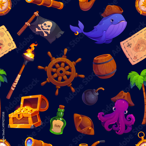 Pirate and corsair seamless pattern background with whale and Jolly Roger flag. Cartoon vector pattern with torch, rum barrel, dynamite, octopus and spyglass wallpaper or treasure hunt game pattern