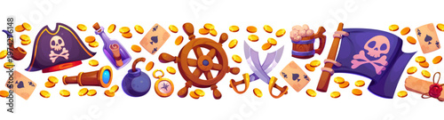 Pirate border frame with spyglass, scroll map, glass bottle, steering wheel, dagger, mug of ale, ace card, Jolly Roger flag, gold coins, and compass. Detailed vector border for pirate party invitation