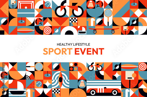 Sports poster with modern geometric patterns. Geometric sports banner with soccer, bicycle, tennis, and basketball. Vector poster with bicycle, racket, helmet, canoe and sailboat for sport events