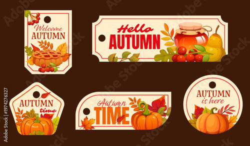 Autumn season gift tags with fall leaves and harvest for holiday, vector labels. Autumn gift tags with quotes, apple pie and pumpkin, honey jar and pear with cranberry berries for Thanksgiving Day