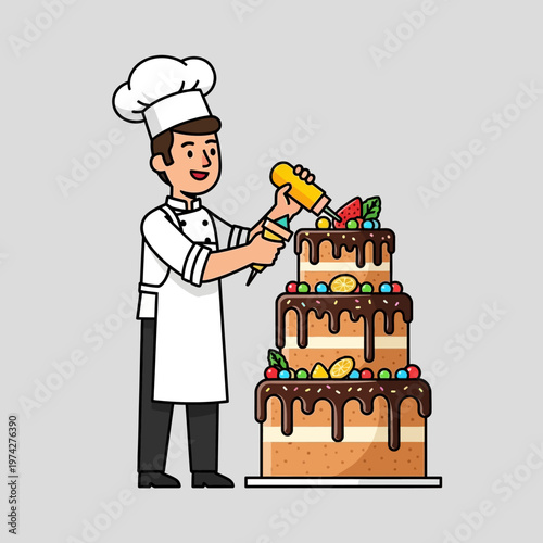 Chef Decorating Multi-Tiered Cake with Chocolate Drizzle and Fruit Toppings