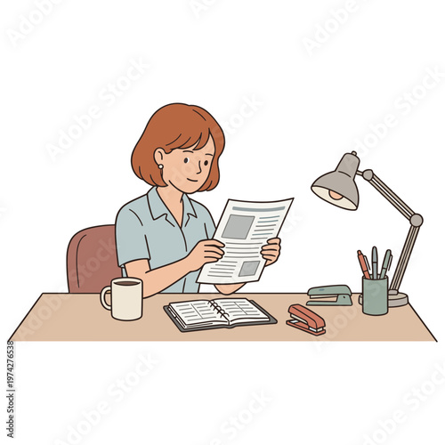 Woman sits at desk reading newspaper with cup and lamp nearby indoors